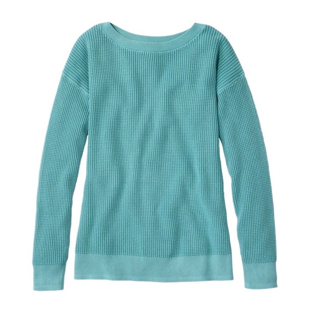 L.L. Bean Waffle Knit Cotton Sweater Teal Green Crew Neck Size M